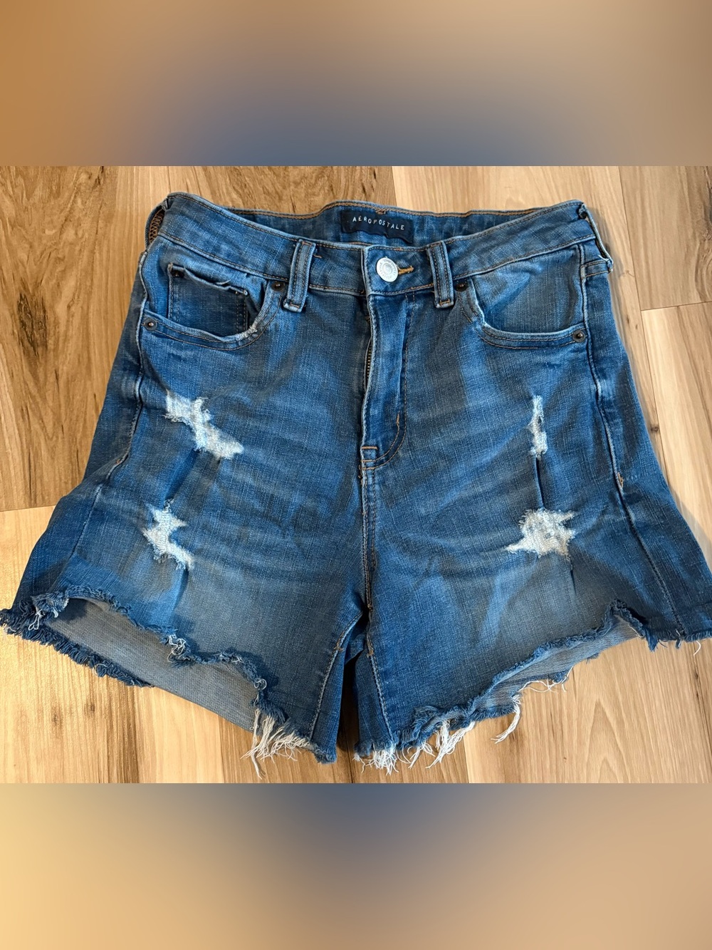 Aeropostale Distressed Dark Blue Denim Shorts with Frayed Hem